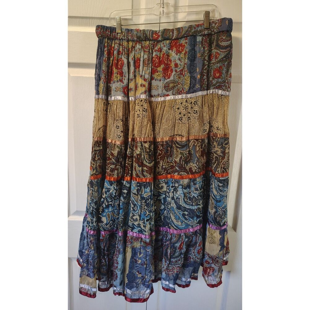 Anii by Natural Boho Patchwork Tiered Maxi Skirt Multicolor Paisley Size Large